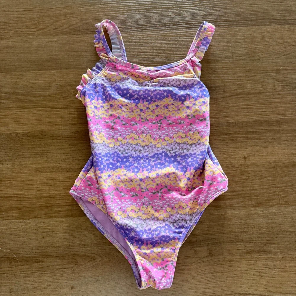 Wonder Nation Girls Floral Ruffle One Piece Swimsuit Pink Purple Yellow Size 7-8